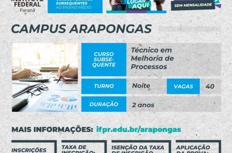 IFPR Campus Arapongas abre inscrições para o curso técnico em melhoria de processos 2024.